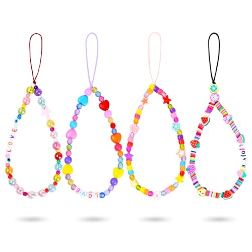 Mejora tu Protección: Pulseras para Móviles Resistentes y Estilosas 4 Piezas Correa Colores de Muñeca para Teléfono, Cordón Charms para Móvil con Cuentas, Cadena Colorida para Dijes de Teléfono Hecha a Mano Antipérdida, Cordones de Telefono con Cuentas para Mujeres