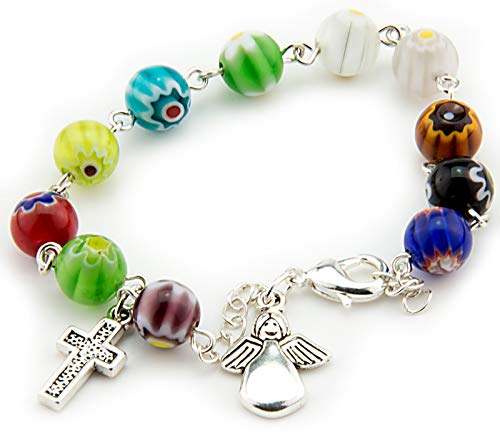 Comprar Pulseras de Rosarios: Significado, Tipos y Diseños de Moda Fatima Store Pulsera Angel de la Guarda con 10 Bolas Cristal Murano de 8 mm. Cruz, Angelito y Bolsa de Algodon con Imágenes de la Virgen María. Pulsera Rosario Decenario Angel de la Guarda