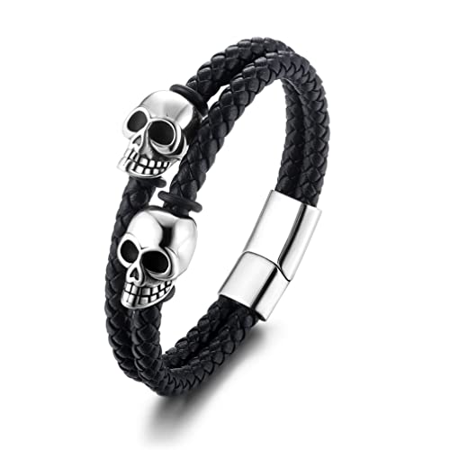 Adorna tu muerte: Significado y diseño de pulseras de calaveras tendencia KALVICA Pulsera de Cuero Pulsera para Hombre de Negro Calavera Negro Cuero Pulsera Vintage Cráneo Pulsera Cuero Trenzado con Cierre Magnético de Regalo para Hombres