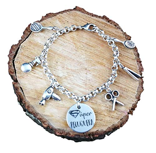 MISORPRESA Pulsera profesión SUPER PELUQUERA baño plata. regalo peluquera