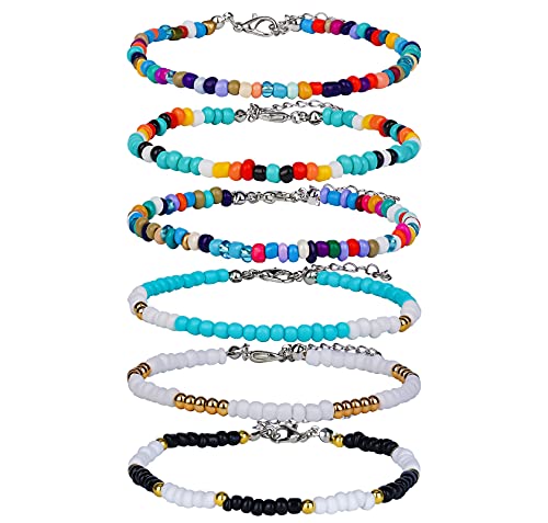 Pulseras de moda para tobillo: Accesorios de tendencia para mujer y hombre SAVITA 6 Piezas Tobilleras Cuentas de colores Mujer Boho Cuentas Hechas a Mano Pulseras de Tobillo de Vidrio Ajustable Hilo Elástico Regalos para Mujeres Niñas Playa Vacaciones (21.5 a 26.5 cm)