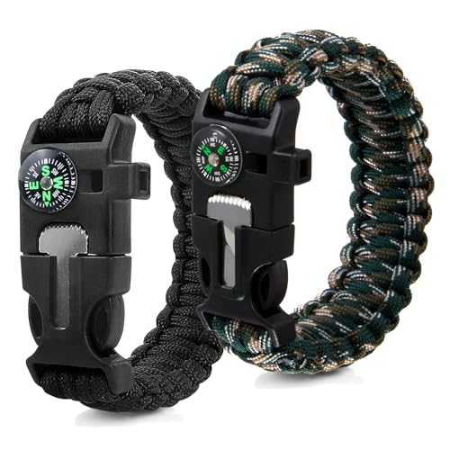 Pulseras de Supervivencia: Cómo Elegir la Mejor para Tu Aventura al Aire Libre ZSMJAER 2 Piezas Pulsera de Supervivencia,Multifuncional Pulsera Paracord,Con Flint Brújula Silbato,Adecuado para Senderismo,Acampada,Montañismo y Actividades al Aire Libre (Negra Verde oscuro)