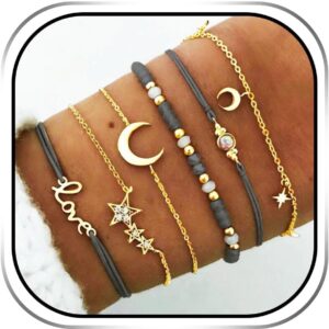Juego de pulseras estrella y luna doradas